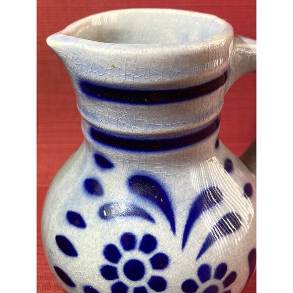 Ceramic Floral Pitcher / Small Size /Pottery Spout Handle / Folk Art /Blue Paint - Picture 8 of 12
